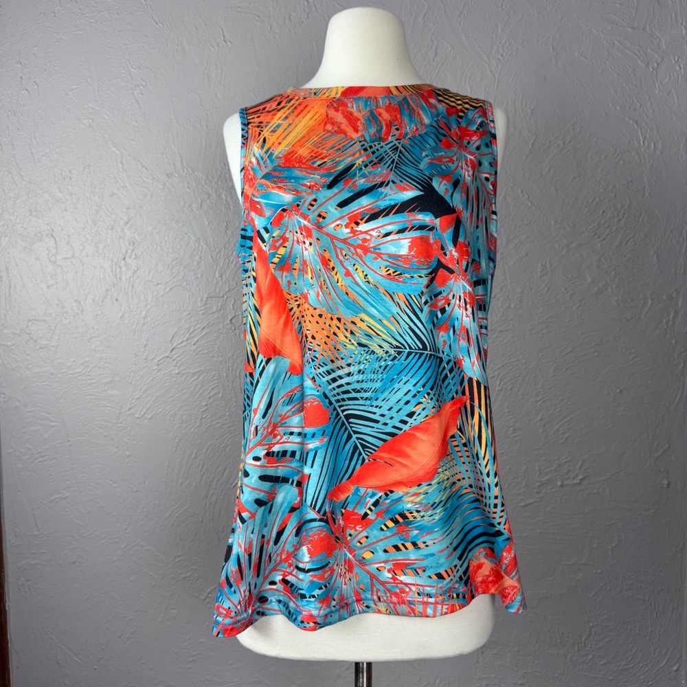 Women Med/Large Sleeveless top vibrant tropical print orange and blue summer